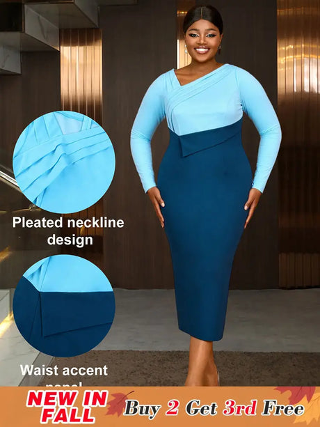 AOMEIDRESS Elagant Color Block Dress with Long Sleeve for Party Office Blue / S