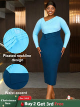 AOMEIDRESS Elagant Color Block Dress with Long Sleeve for Party Office Blue / S