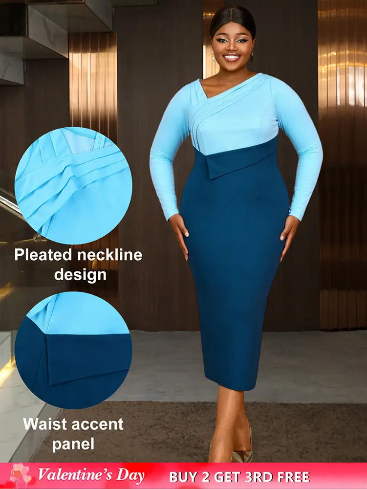 AOMEIDRESS Elagant Color Block Dress with Long Sleeve for Party Office Blue / S