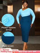 AOMEIDRESS Elagant Color Block Dress with Long Sleeve for Party Office Blue / S