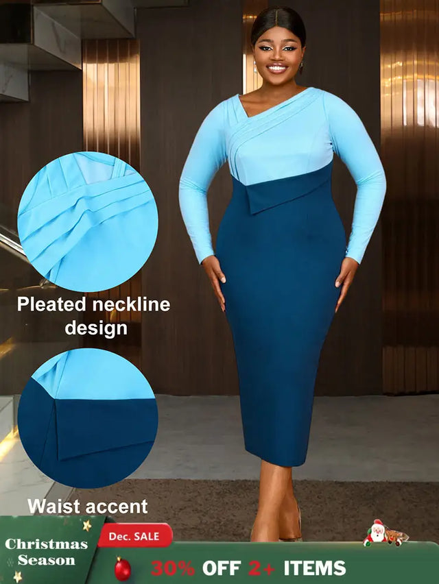 AOMEIDRESS Elagant Color Block Dress with Long Sleeve for Party Office Blue / S