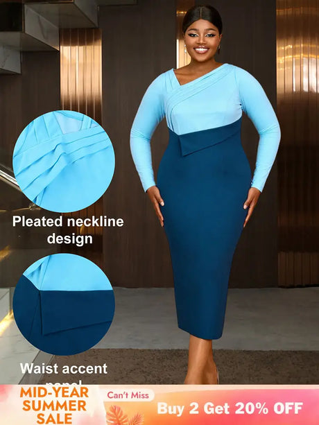 AOMEIDRESS Elagant Color Block Dress with Long Sleeve for Party Office Blue / S