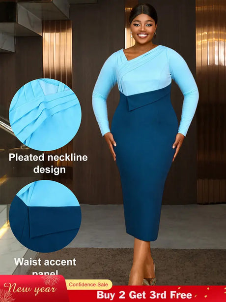 AOMEIDRESS Elagant Color Block Dress with Long Sleeve for Party Office Blue / S