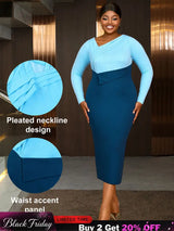 AOMEIDRESS Elagant Color Block Dress with Long Sleeve for Party Office Blue / S