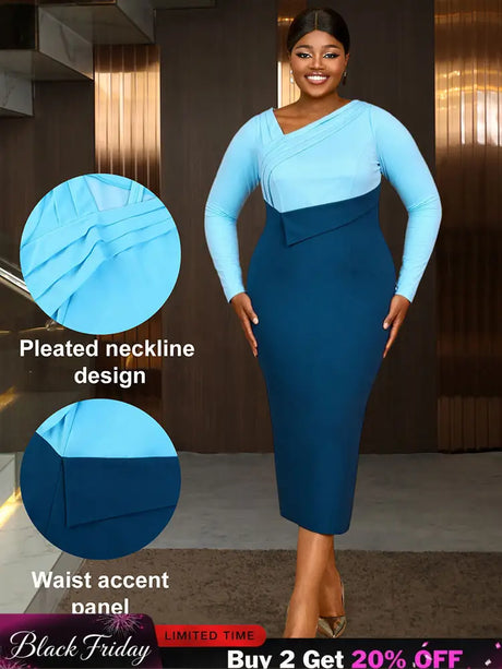 AOMEIDRESS Elagant Color Block Dress with Long Sleeve for Party Office Blue / S