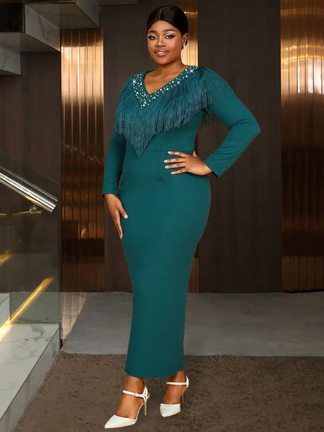 AOMEIDRESS Elagent Evening Party Dress with Fringe Beading Long Sleeve