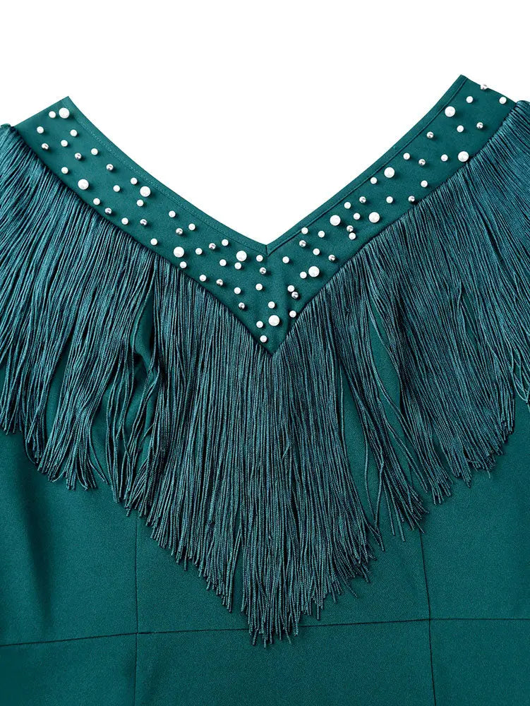AOMEIDRESS Elagent Evening Party Dress with Fringe Beading Long Sleeve