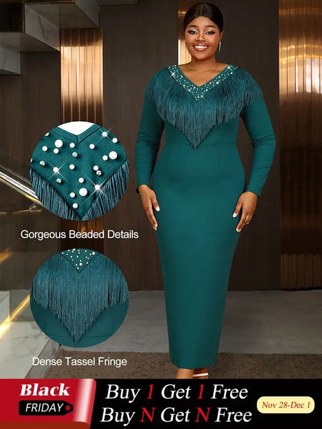 AOMEIDRESS Elagent Evening Party Dress with Fringe Beading Long Sleeve DarkGreen / S