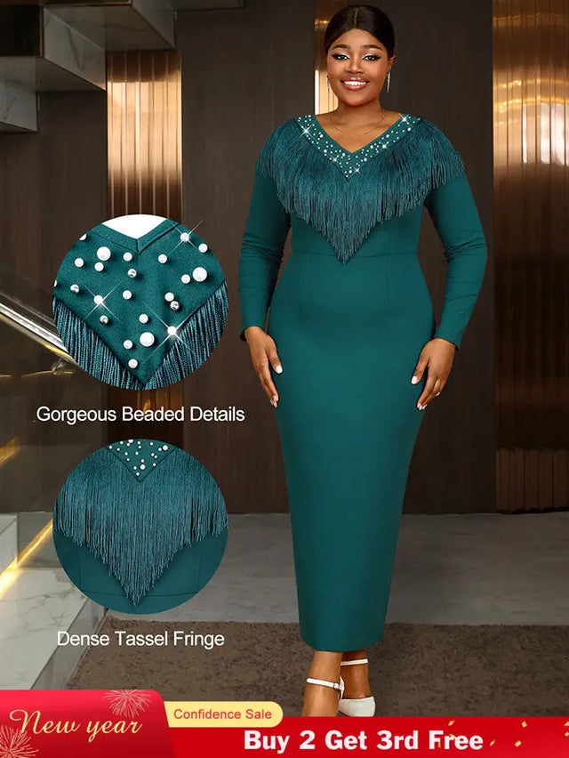 AOMEIDRESS Elagent Evening Party Dress with Fringe Beading Long Sleeve DarkGreen / S