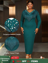 AOMEIDRESS Elagent Evening Party Dress with Fringe Beading Long Sleeve DarkGreen / S