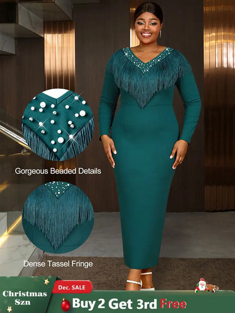 AOMEIDRESS Elagent Evening Party Dress with Fringe Beading Long Sleeve DarkGreen / S