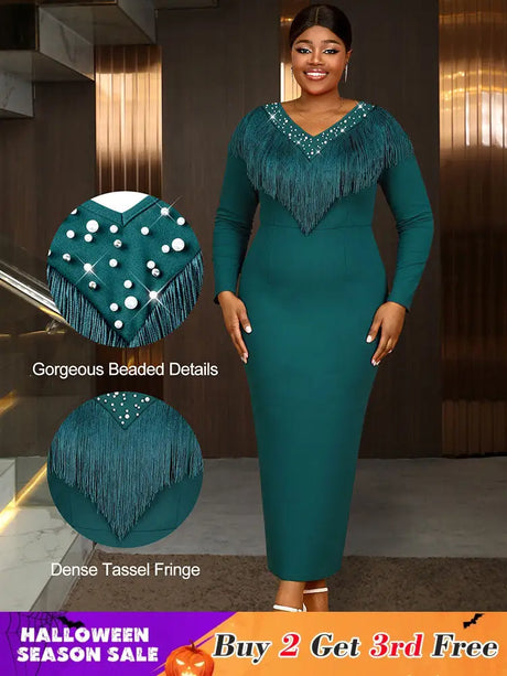 AOMEIDRESS Elagent Evening Party Dress with Fringe Beading Long Sleeve DarkGreen / S