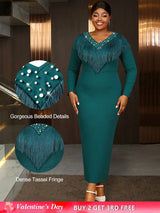 AOMEIDRESS Elagent Evening Party Dress with Fringe Beading Long Sleeve DarkGreen / S