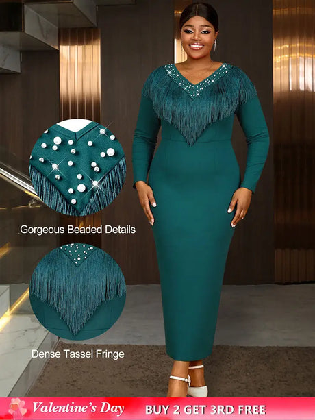 AOMEIDRESS Elagent Evening Party Dress with Fringe Beading Long Sleeve DarkGreen / S