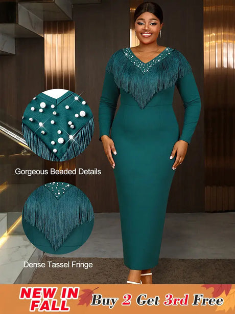 AOMEIDRESS Elagent Evening Party Dress with Fringe Beading Long Sleeve DarkGreen / S