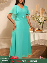 AOMEIDRESS Elegant A Line Chiffon Dress V Neck Butterfly Sleeve Gowns Green / S