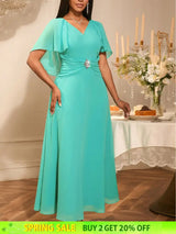 AOMEIDRESS Elegant A Line Chiffon Dress V Neck Butterfly Sleeve Gowns Green / S