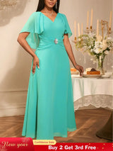 AOMEIDRESS Elegant A Line Chiffon Dress V Neck Butterfly Sleeve Gowns Green / S