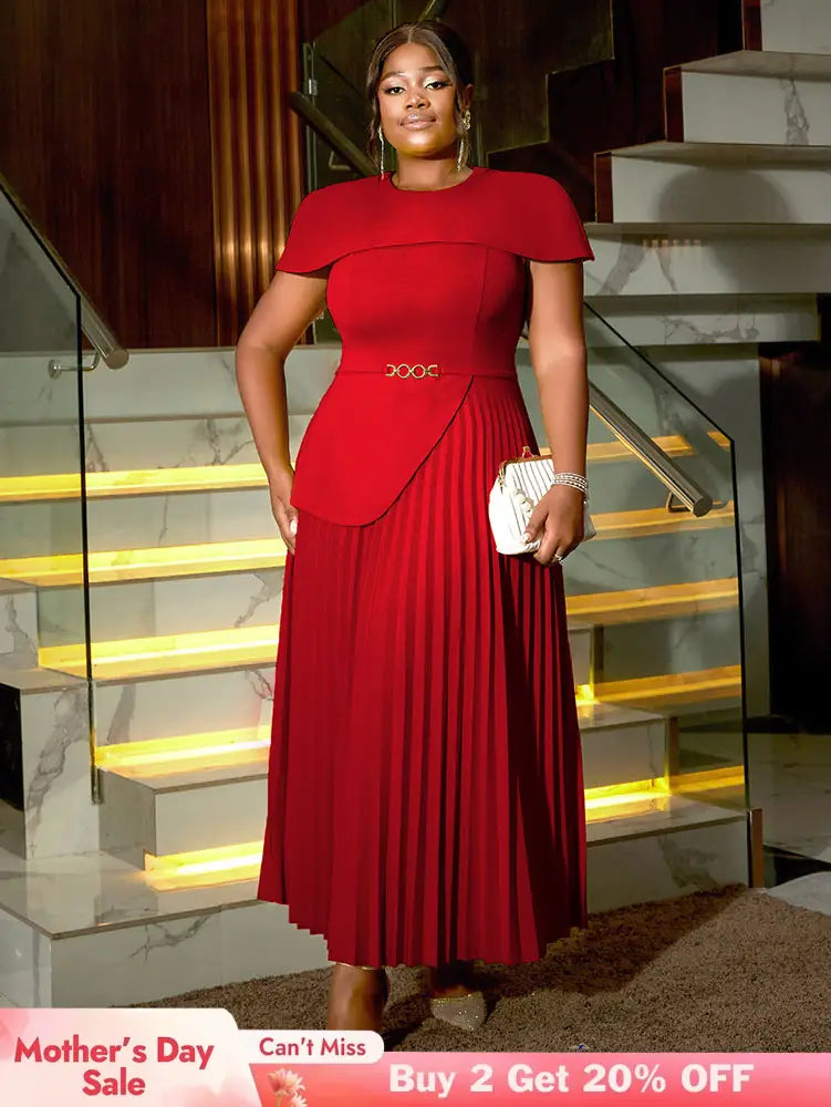 AOMEIDRESS Elegant A Line Church Dresses O Neck Pleated Cape Sleeve Red / 0XL
