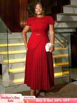AOMEIDRESS Elegant A Line Church Dresses O Neck Pleated Cape Sleeve Red / 0XL