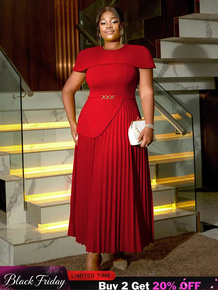 AOMEIDRESS Elegant A Line Church Dresses O Neck Pleated Cape Sleeve Red / 0XL