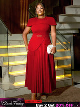 AOMEIDRESS Elegant A Line Church Dresses O Neck Pleated Cape Sleeve Red / 0XL