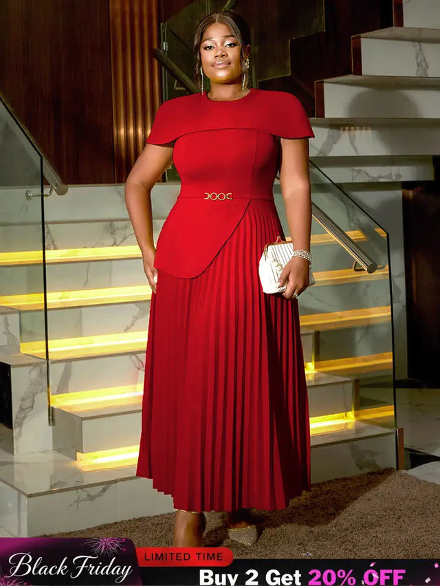 AOMEIDRESS Elegant A Line Church Dresses O Neck Pleated Cape Sleeve Red / 0XL