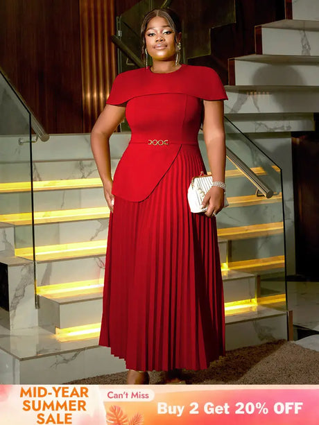 AOMEIDRESS Elegant A Line Church Dresses O Neck Pleated Cape Sleeve Red / 0XL