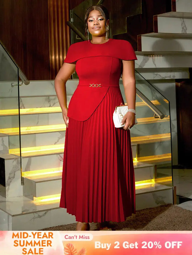 AOMEIDRESS Elegant A Line Church Dresses O Neck Pleated Cape Sleeve Red / 0XL