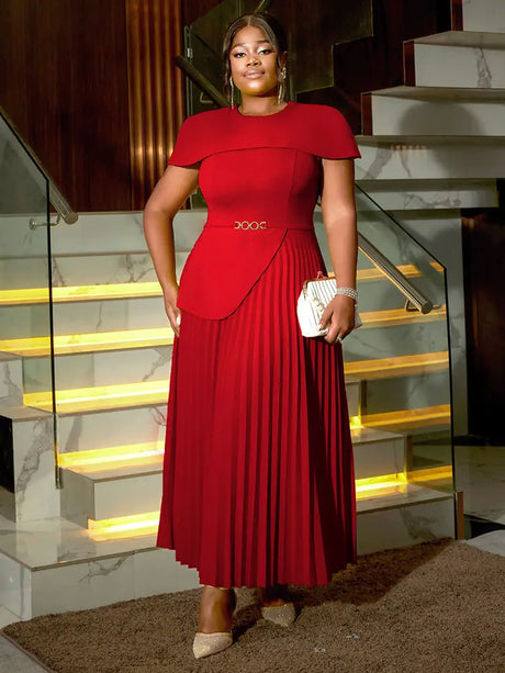 AOMEIDRESS Elegant A Line Church Dresses O Neck Pleated Cape Sleeve Red / 0XL