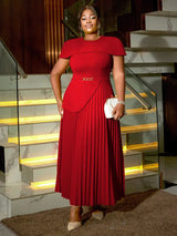 AOMEIDRESS Elegant A Line Church Dresses O Neck Pleated Cape Sleeve Red / 0XL