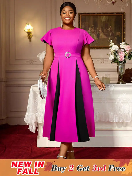 AOMEIDRESS Elegant A Line Color Block Church Dress Diamond Waist Belt Rose / 0XL