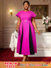 AOMEIDRESS Elegant A Line Color Block Church Dress Diamond Waist Belt Rose / 0XL