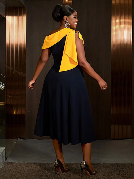 AOMEIDRESS Elegant A Line Color Block One Shoulder Pleated Dresses