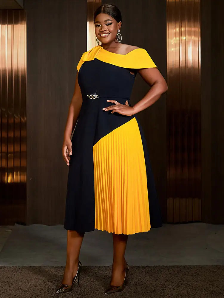 AOMEIDRESS Elegant A Line Color Block One Shoulder Pleated Dresses