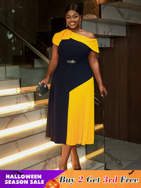 AOMEIDRESS Elegant A Line Color Block One Shoulder Pleated Dresses Navy / S