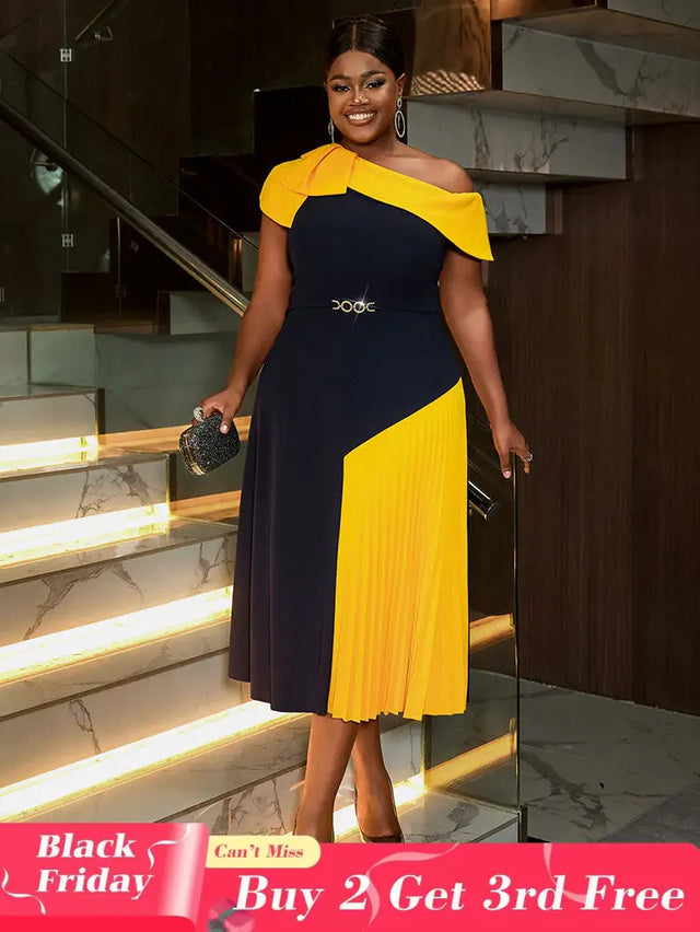 AOMEIDRESS Elegant A Line Color Block One Shoulder Pleated Dresses Navy / S