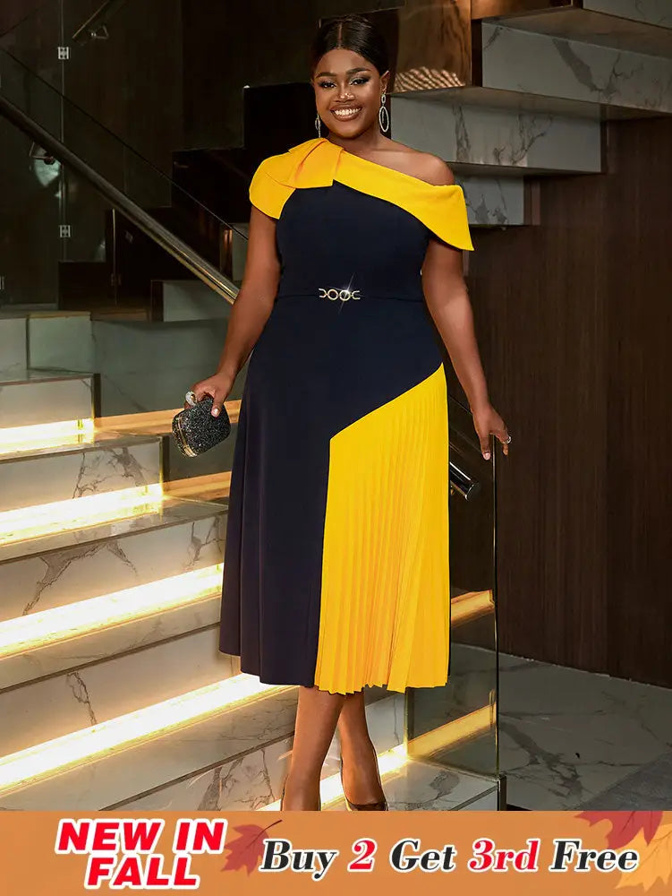 AOMEIDRESS Elegant A Line Color Block One Shoulder Pleated Dresses Navy / S