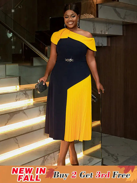 AOMEIDRESS Elegant A Line Color Block One Shoulder Pleated Dresses Navy / S
