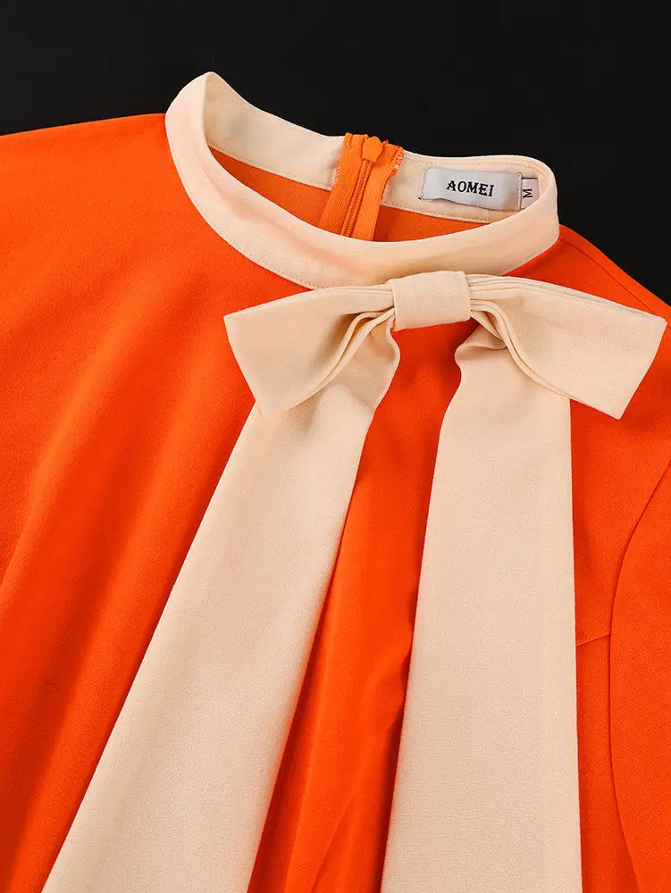 AOMEIDRESS Elegant A Line Colorblock Dress Bow Neck Short Puff Sleeve