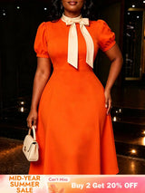 AOMEIDRESS Elegant A Line Colorblock Dress Bow Neck Short Puff Sleeve - Orange / S