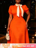 AOMEIDRESS Elegant A Line Colorblock Dress Bow Neck Short Puff Sleeve - Orange / S