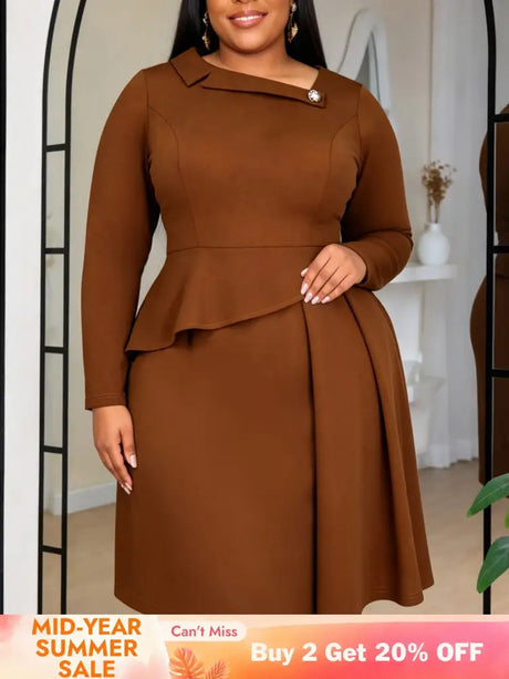 AOMEIDRESS Elegant A Line Dress Asymmetric Neck Long Sleeves Peplum - DarkBrown / L