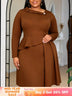 AOMEIDRESS Elegant A Line Dress Asymmetric Neck Long Sleeves Peplum - DarkBrown / L