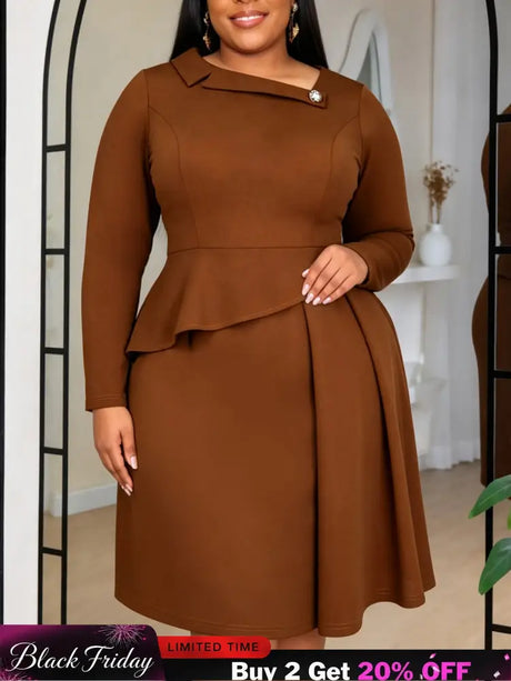 AOMEIDRESS Elegant A Line Dress Asymmetric Neck Long Sleeves Peplum - DarkBrown / L