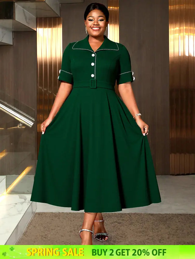 AOMEIDRESS Elegant A Line Dress Contrast Trim Church Causal Wear DarkGreen / L