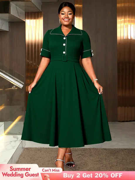 AOMEIDRESS Elegant A Line Dress Contrast Trim Church Causal Wear DarkGreen / L