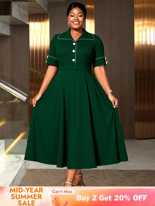 AOMEIDRESS Elegant A Line Dress Contrast Trim Church Causal Wear DarkGreen / L
