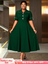 AOMEIDRESS Elegant A Line Dress Contrast Trim Church Causal Wear DarkGreen / L