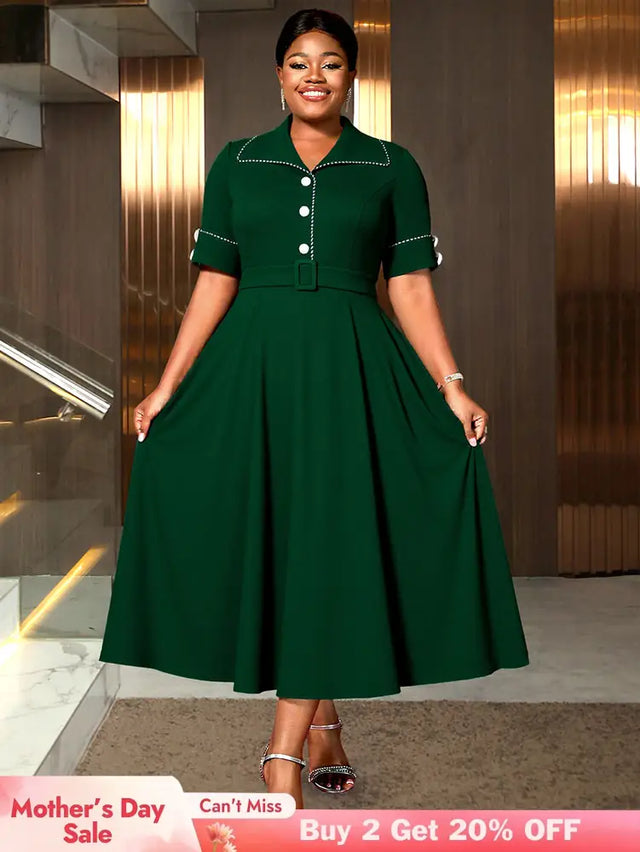 AOMEIDRESS Elegant A Line Dress Contrast Trim Church Causal Wear DarkGreen / L